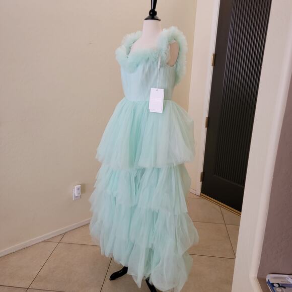 Mac Duggal 20570 Mint Green Off Shoulder Tiered Tulle Ball Style Gown Dress 12 - Picture 6 of 10